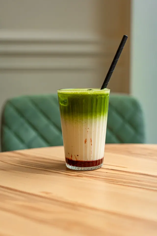 A matcha drink on a table.